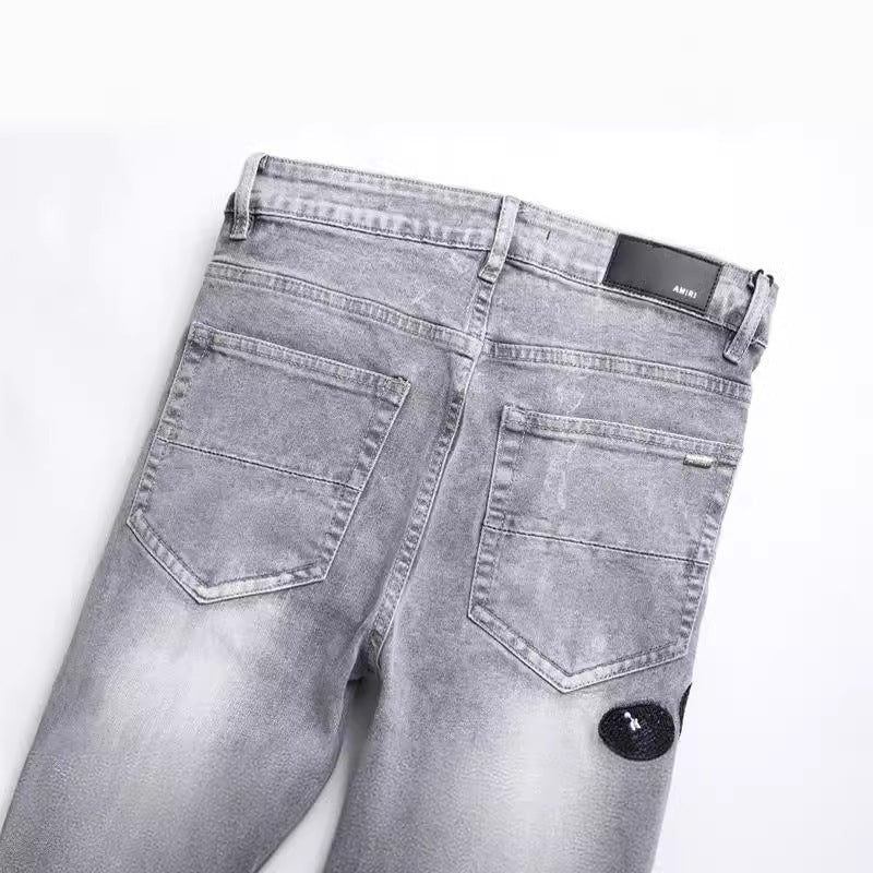 Men's Designer Fashion Gray Hole Patched Embroidery Cobra Stretch Pants
