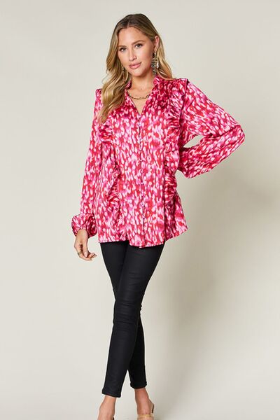 Double Take Full Size Printed Ruffle Trim Balloon Sleeve Shirt - Munsieur