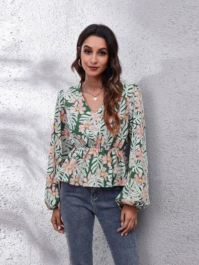 Floral V-Neck Balloon Sleeve Peplum Blouse - Munsieur