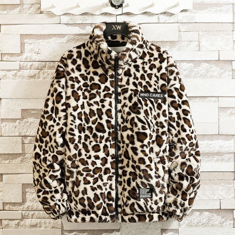 Autumn Winter Coat for Men's Vintage Leopard Print Harajuku Hip Hop Style Loose