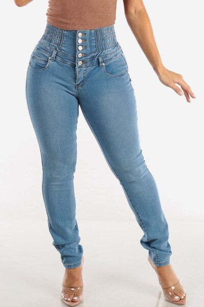 High Waist Buttoned Skinny Hip Lifting Jeans for Curves - Munsieur