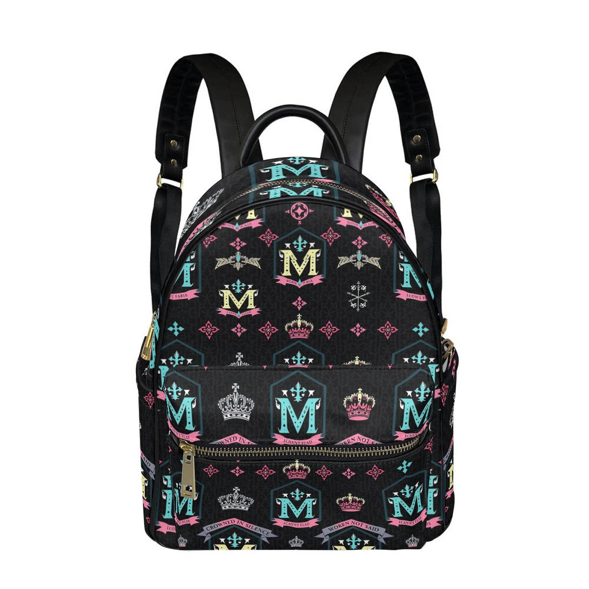Munsieur designer mini backpack with crowns in multicolor on black background with adjustable straps
