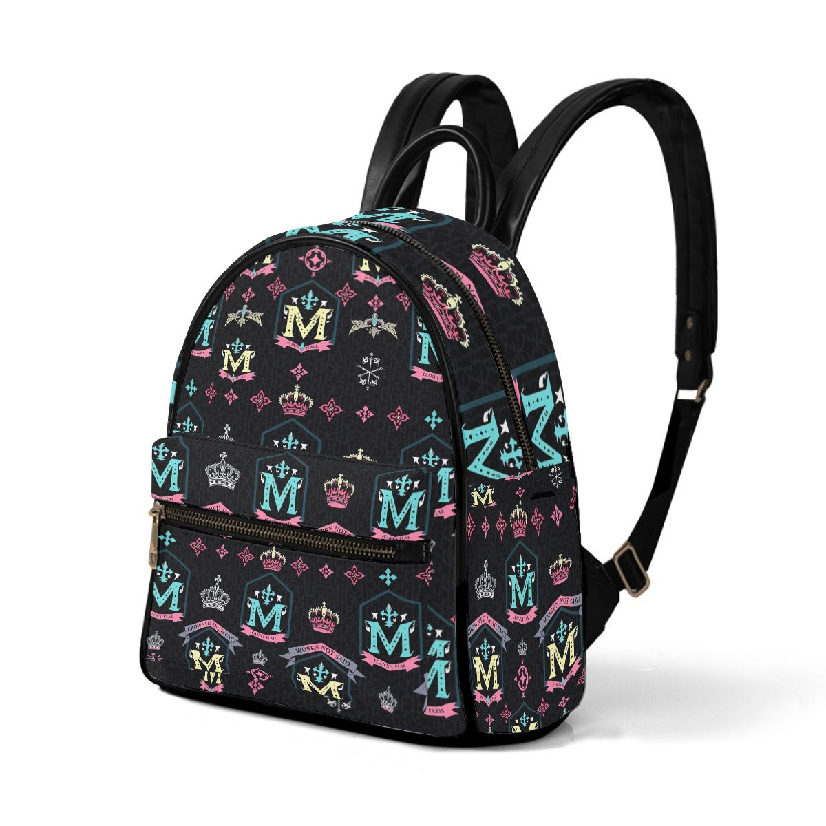 Munsieur designer mini backpack with crowns in black featuring colorful M and crown patterns