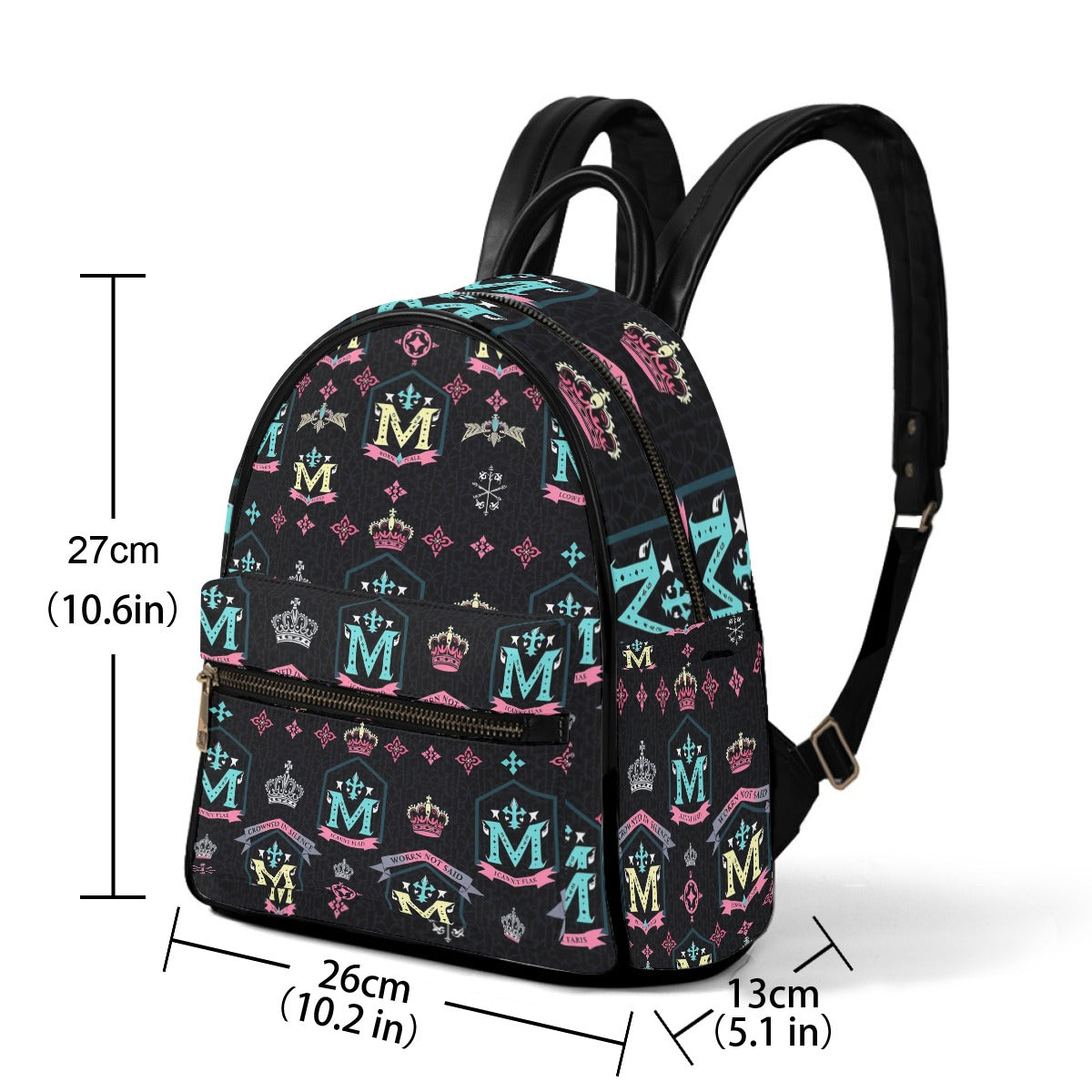 Munsieur designer mini backpack with crowns pattern in black with blue and pink accents