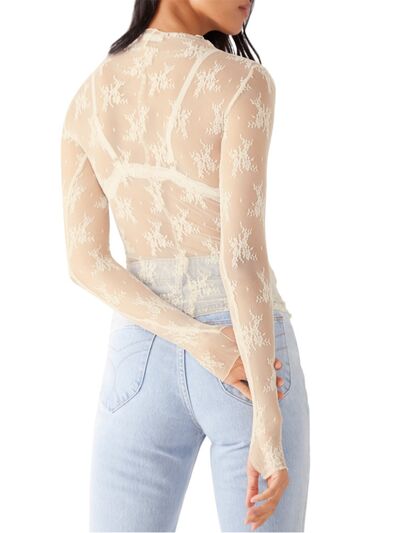 Lace Mock Neck Long Sleeve Blouse - Munsieur