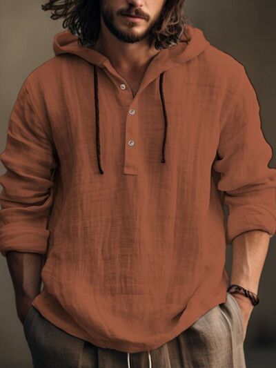 Men's Full Size Half Button Long Sleeve Hoodie - Munsieur