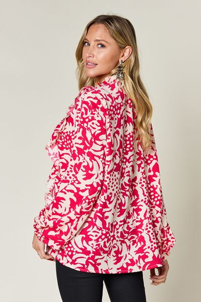 Double Take Full Size Printed Ruffle Trim Balloon Sleeve Shirt - Munsieur