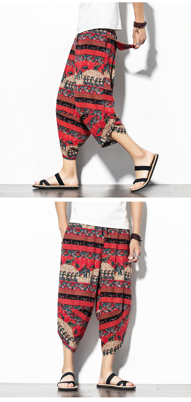 Men's Printed Asian Style Cotton And Linen Loose Joggers