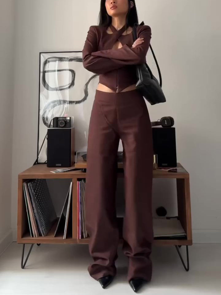 Brown Crop Top High Waist Jumpsuit Hip-Hop Street Fashion