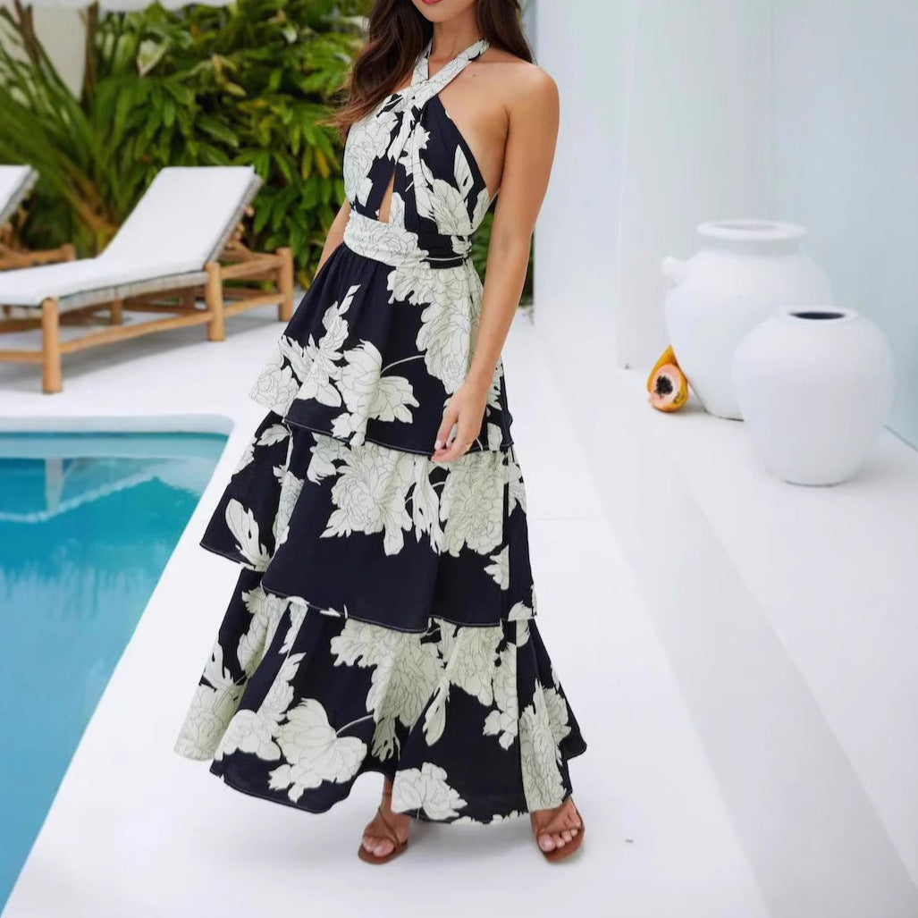 Women's Sexy Print Cake Dress Lace-up Long Dress