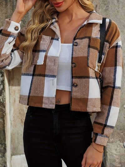 Plaid Collared Neck Cropped Jacket - Munsieur