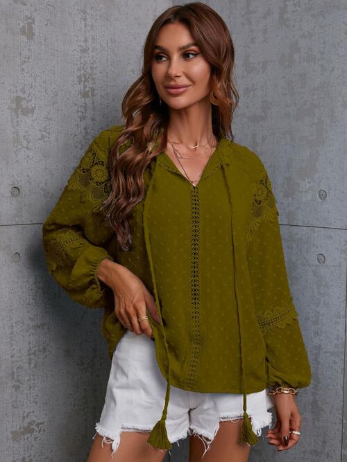 Crochet Tassel Tie Neck Long Sleeve Blouse - Munsieur