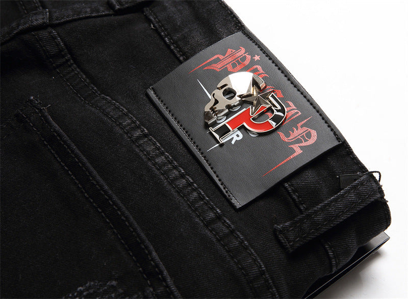 Men's Black Slim-fit Skull Ripped High Street Casual Pants