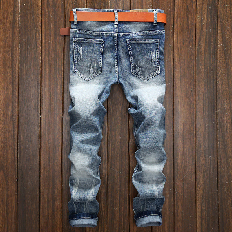 Light-colored Ripped Men's Scraped Broken Trousers Slim Small Straight Leg Pants
