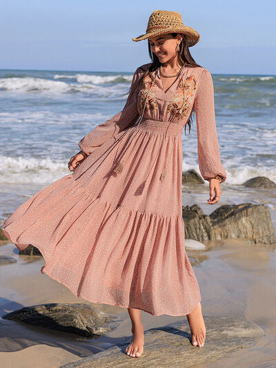 Embroidered Polka Dot Tie Neck Long Sleeve Midi Dress - Munsieur