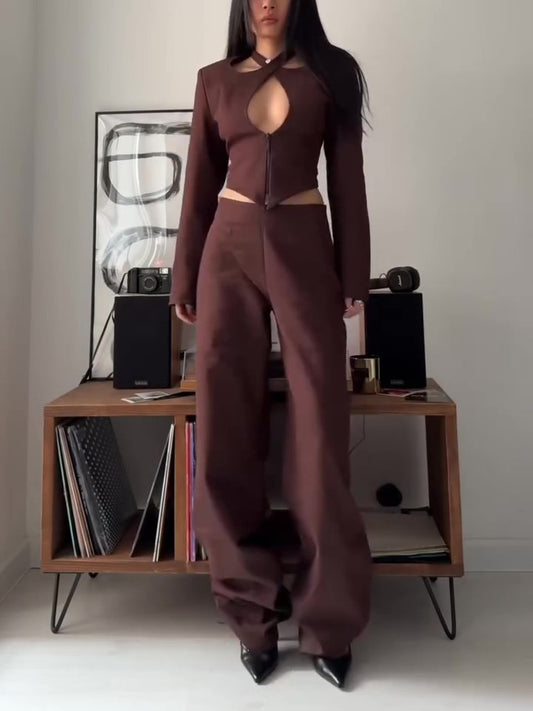 Brown Crop Top High Waist Bodysuit Hip-Hop Street Fashion