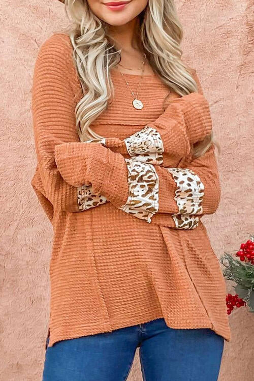 Waffle-Knit Leopard Long Sleeve Slit Blouse - Munsieur