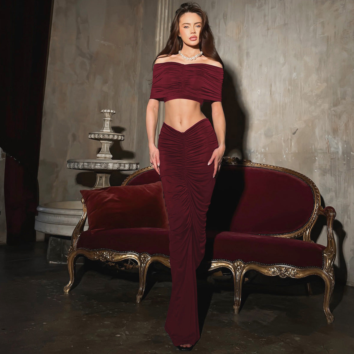 Women's Fashion Midriff-baring Top Slim Fit Skirt Set - Munsieur