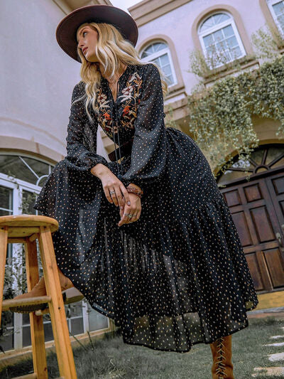 Embroidered Polka Dot Tie Neck Long Sleeve Midi Dress - Munsieur