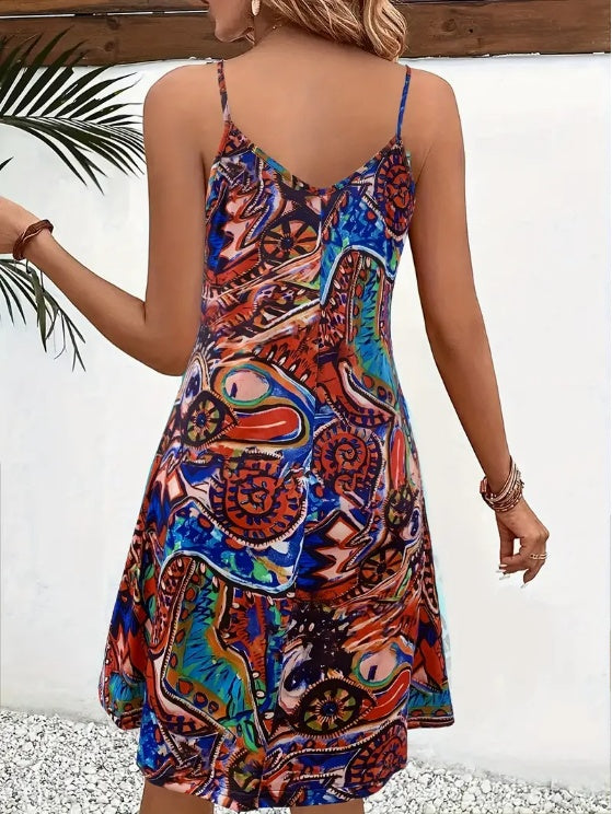 Graffiti Print V Neck Cami Dress, Vacation Sleeveless Loose Cami Dress