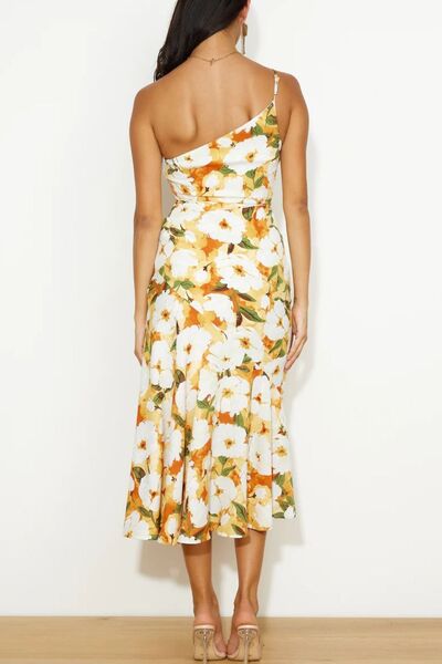 Ruched Printed Single Shoulder Midi Dress - Munsieur
