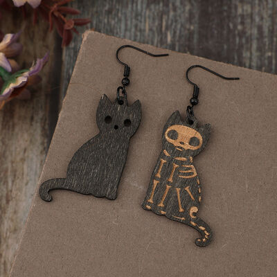 Alloy Hook Wooden Cat Earrings - Munsieur