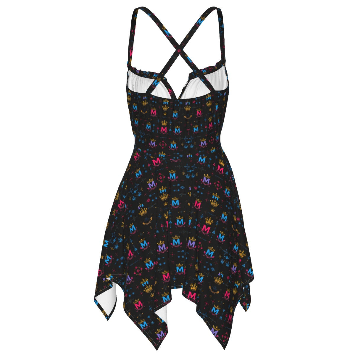 Munsieur edgy luxury slip dress for women with multicolor M logo pattern and crossed back straps