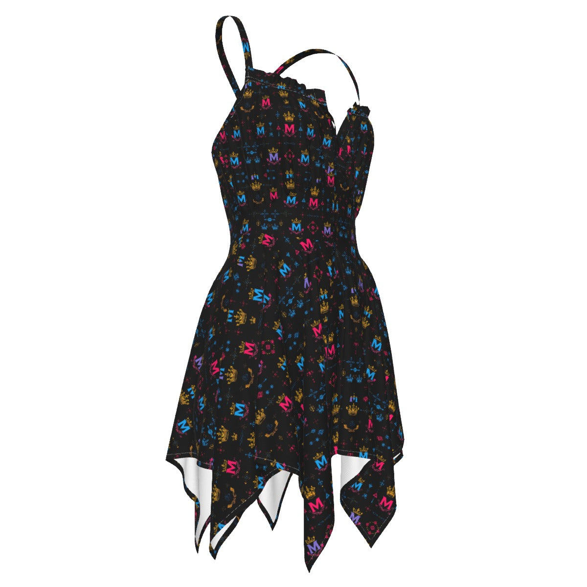 Munsieur edgy luxury slip dress for women with colorful logo print and handkerchief hem
