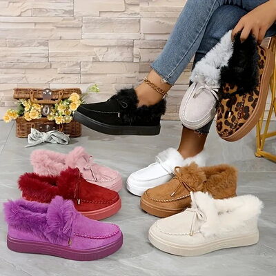 Bow Furry Round Toe Flat Slip-Ons - Munsieur