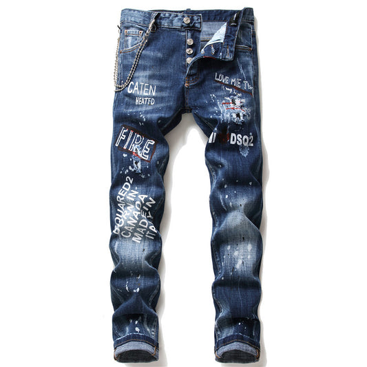 Men's Denim Zipper Blue Hole Pencil Pants