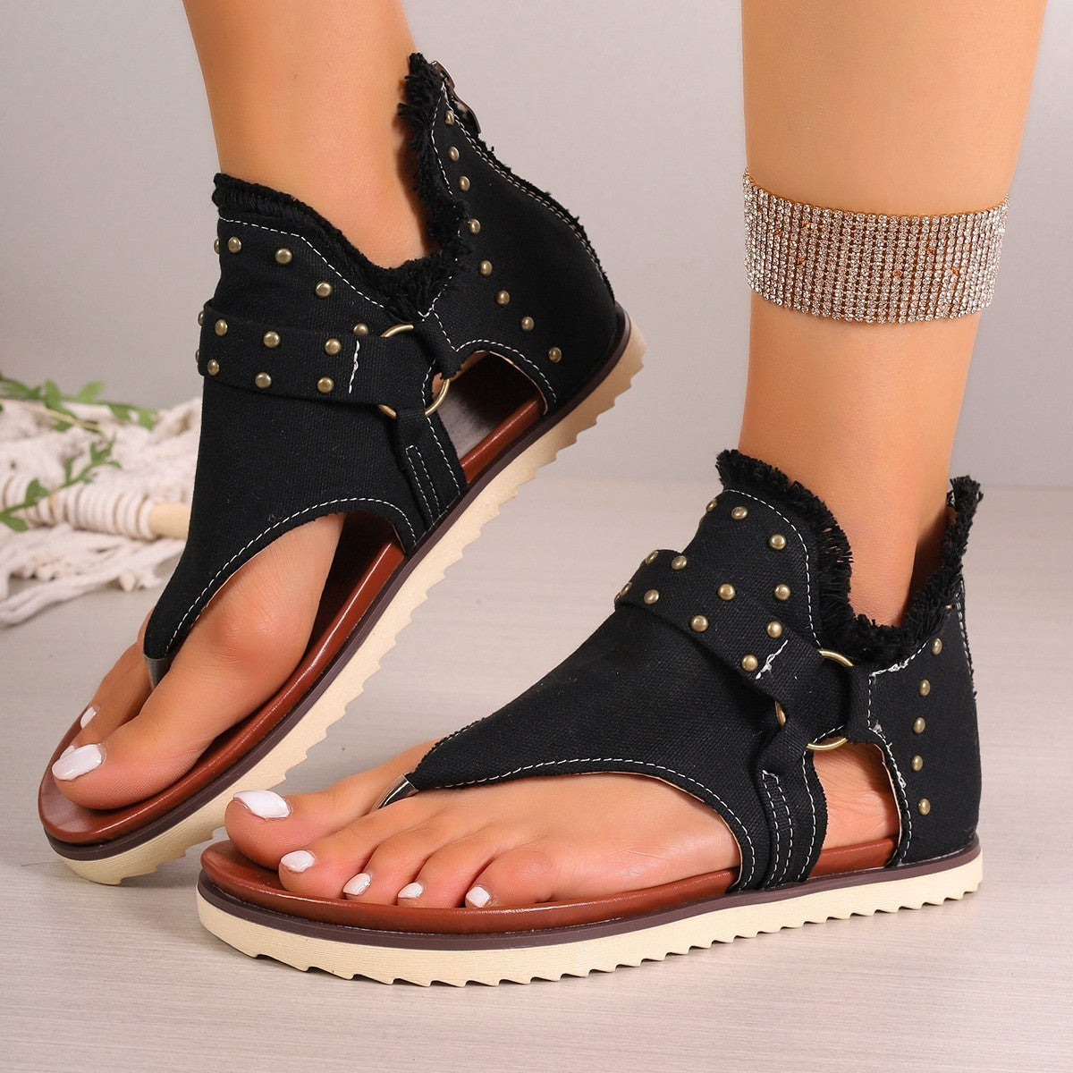 Women's Denim Sandals With Rear Zipper Summer Retro Beach Flats
