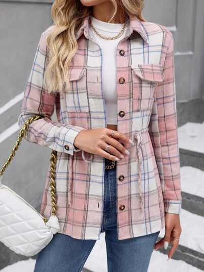 Drawstring Plaid Button Up Jacket with Chest Pockets - Munsieur