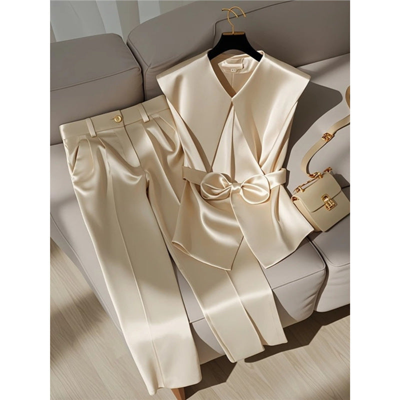 Women's Western Style Fashionable Champagne Blouse and Trousers Set