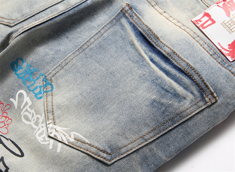 Punk Trendy Retro Blue Ripped Slim-fit Men's Pants