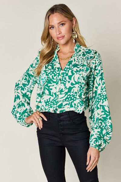 Double Take Full Size Printed Ruffle Trim Balloon Sleeve Shirt - Munsieur