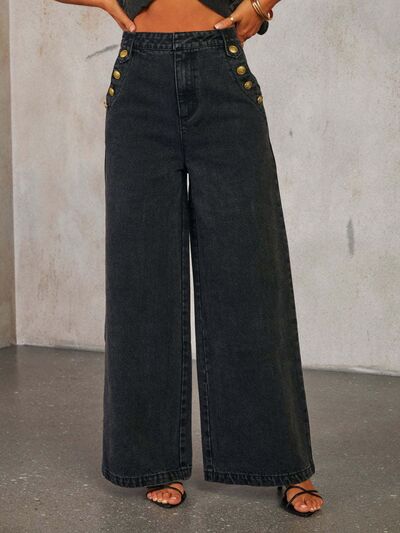 Button Decor High Rise Wide Leg Jeans for Effortless Style - Munsieur