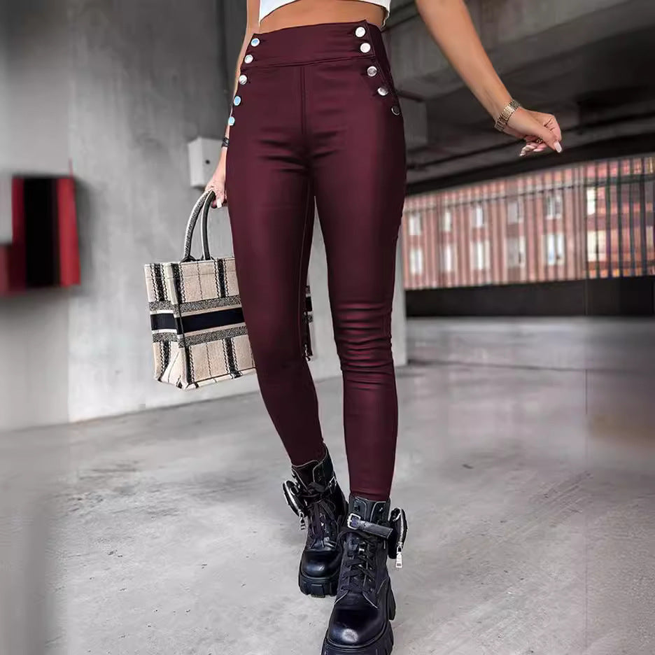 High Waist PU Leather Slim Fit Hip Raise Long Jeans