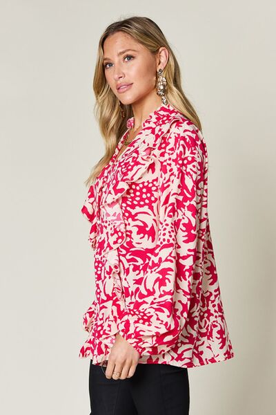 Double Take Full Size Printed Ruffle Trim Balloon Sleeve Shirt - Munsieur