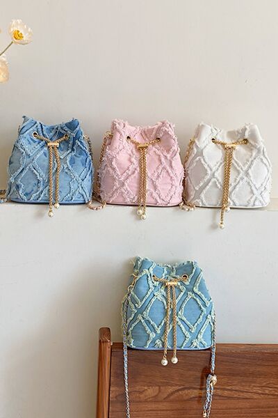 Chain Drawstring Raw Edge Denim Bucket Bag - Munsieur