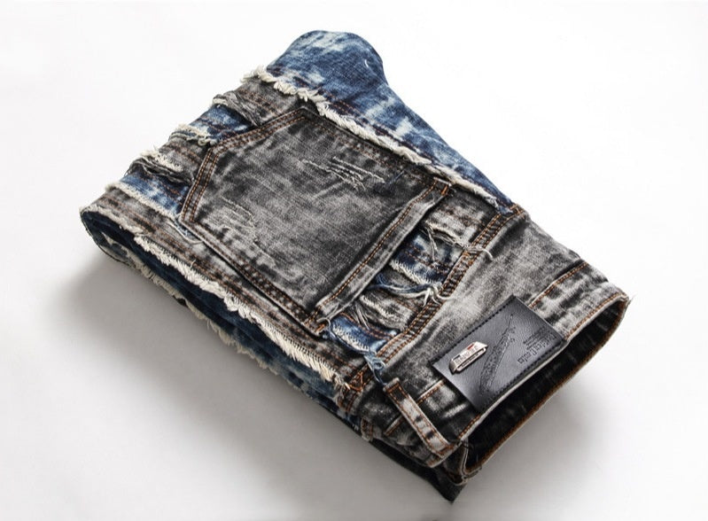 Embroidered Patched Hole Slim Stretch Men's Pants Designer Street Casual