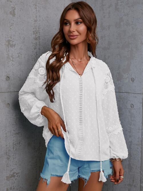 Crochet Tassel Tie Neck Long Sleeve Blouse - Munsieur