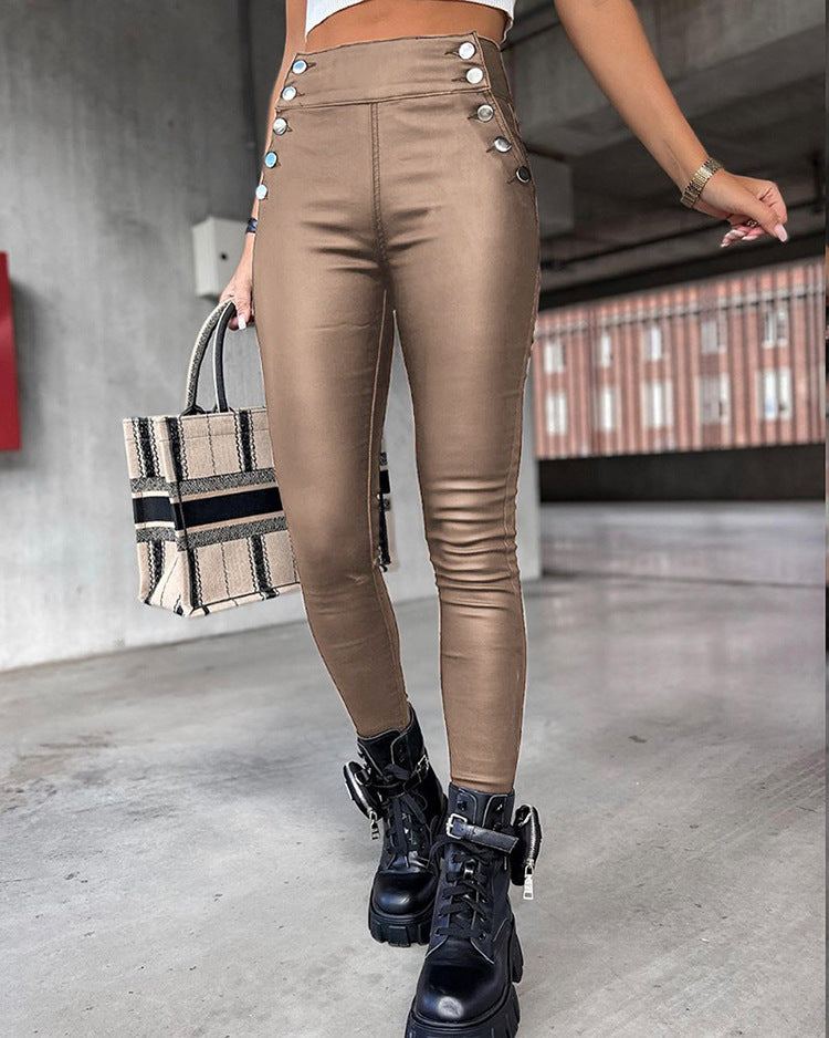 High Waist PU Leather Slim Fit Hip Raise Long Jeans