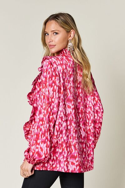 Double Take Full Size Printed Ruffle Trim Balloon Sleeve Shirt - Munsieur