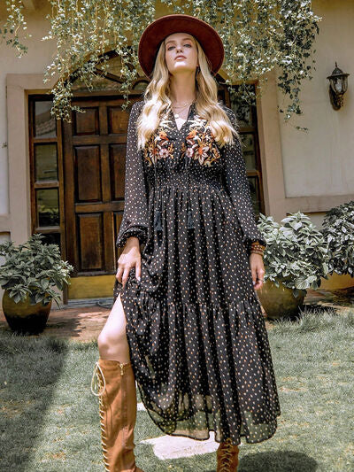 Embroidered Polka Dot Tie Neck Long Sleeve Midi Dress - Munsieur