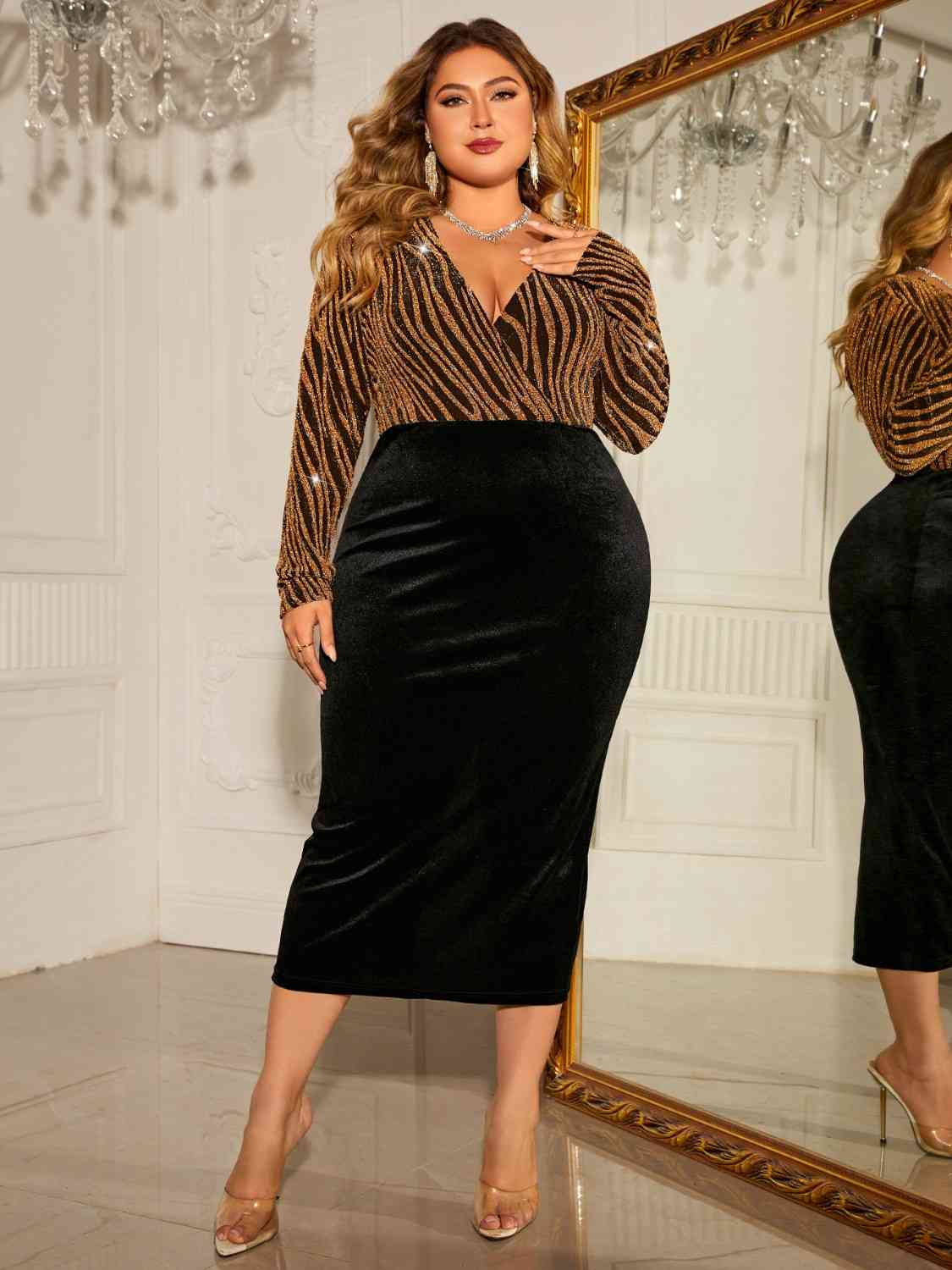 Honey Plus Size Surplice Long Sleeve Slit Dress - Munsieur