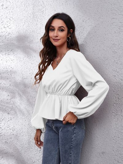 V-Neck Balloon Sleeve Peplum Blouse - Munsieur