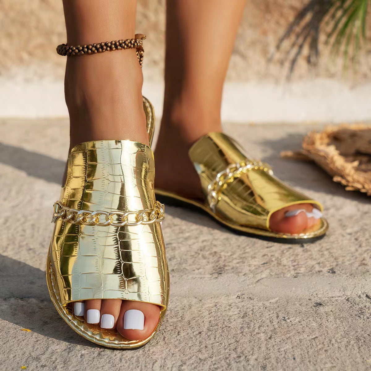 Pattern Chains Sandals Summer Fish Mouth Flats Women's Casual Vacation Beach Slippers