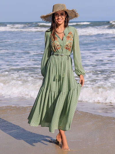 Embroidered Polka Dot Tie Neck Long Sleeve Midi Dress - Munsieur