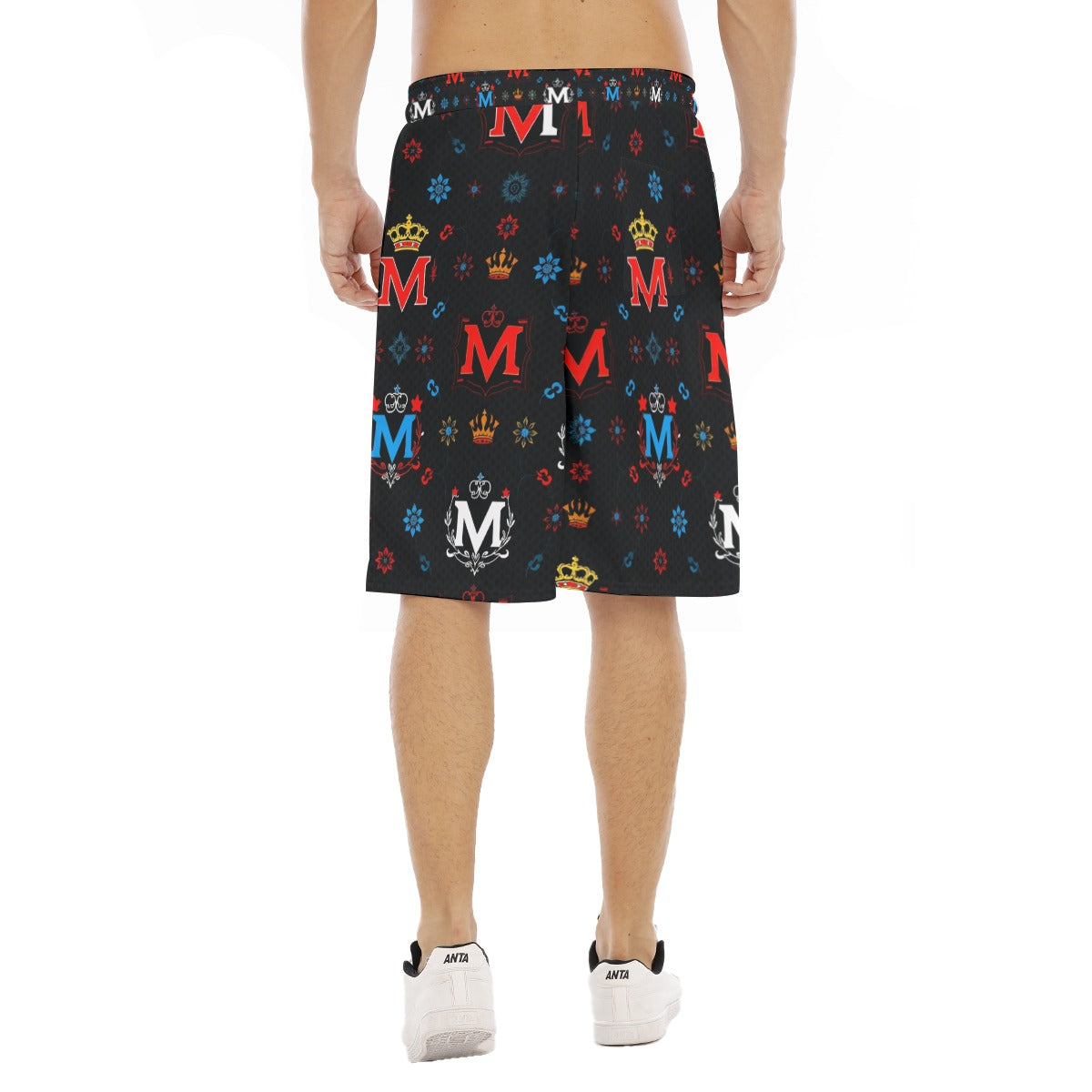 Munsieur graphic print leisure shorts for men in black with colorful crown and M logo pattern