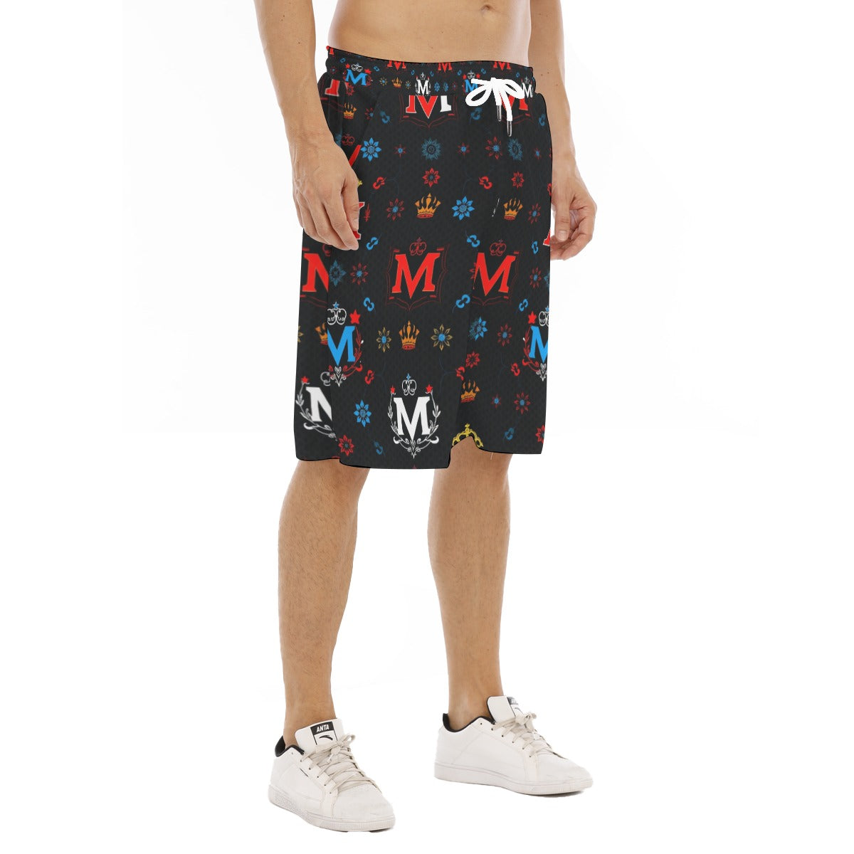 Munsieur graphic print leisure shorts for men in black with colorful logos and white drawstring